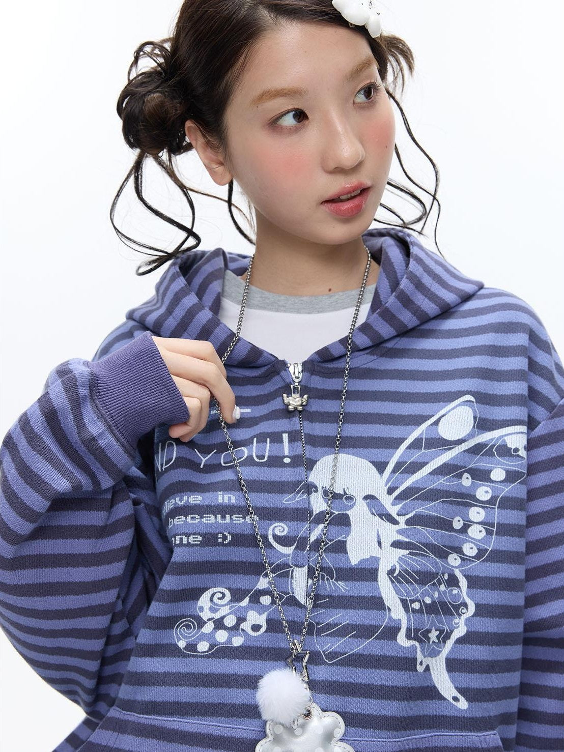 BETWEENAND Vintage Purple Butterfly Striped Oversized Women&