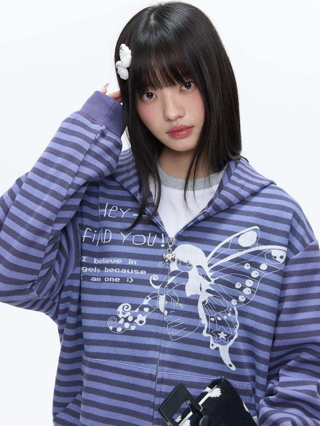 BETWEENAND Vintage Purple Butterfly Striped Oversized Women&