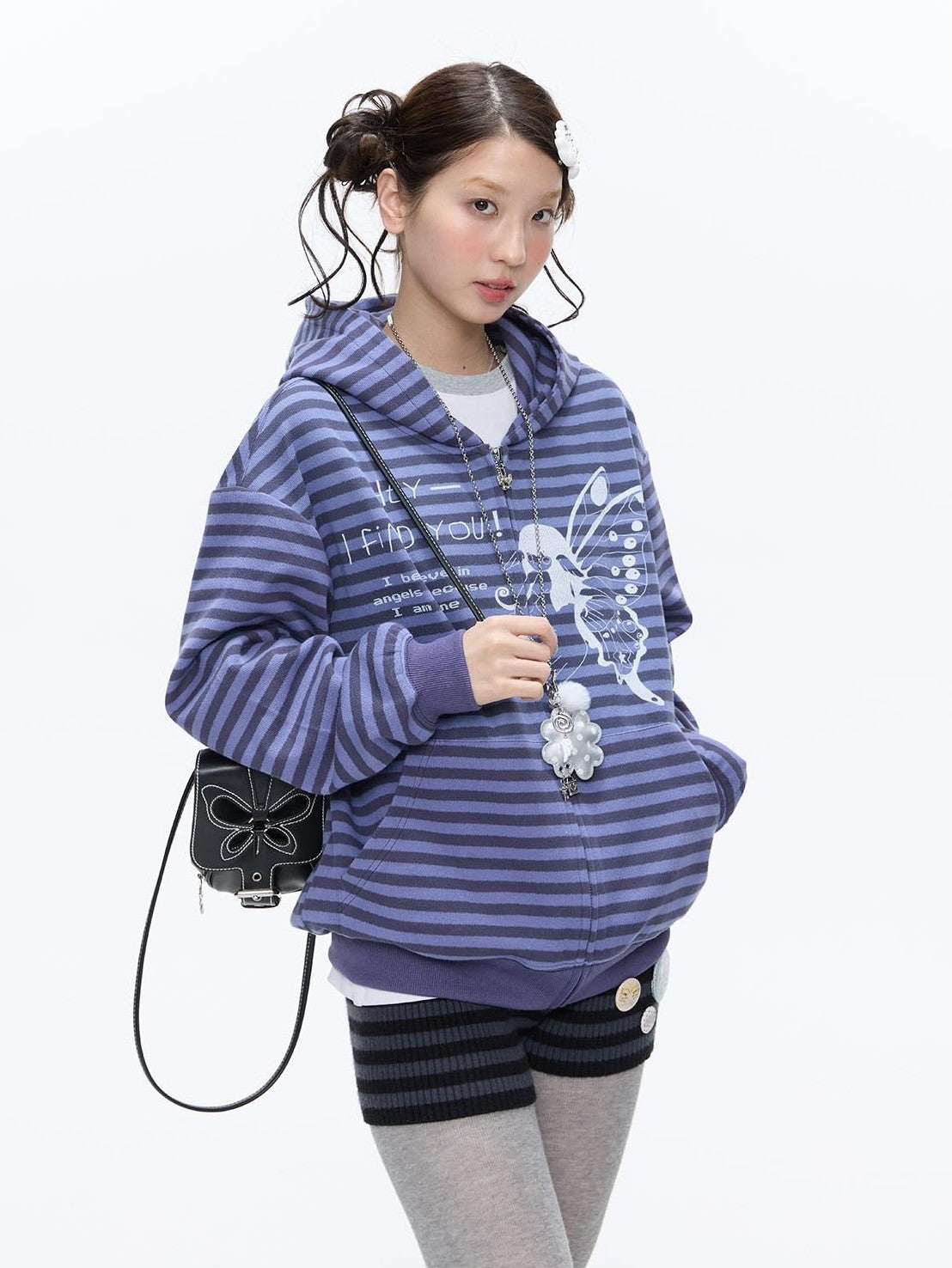 BETWEENAND Vintage Purple Butterfly Striped Oversized Women&