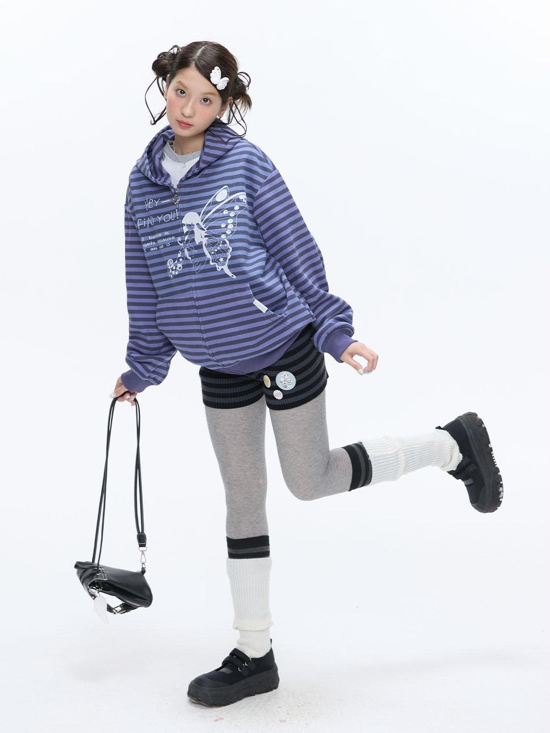 BETWEENAND Vintage Purple Butterfly Striped Oversized Women&