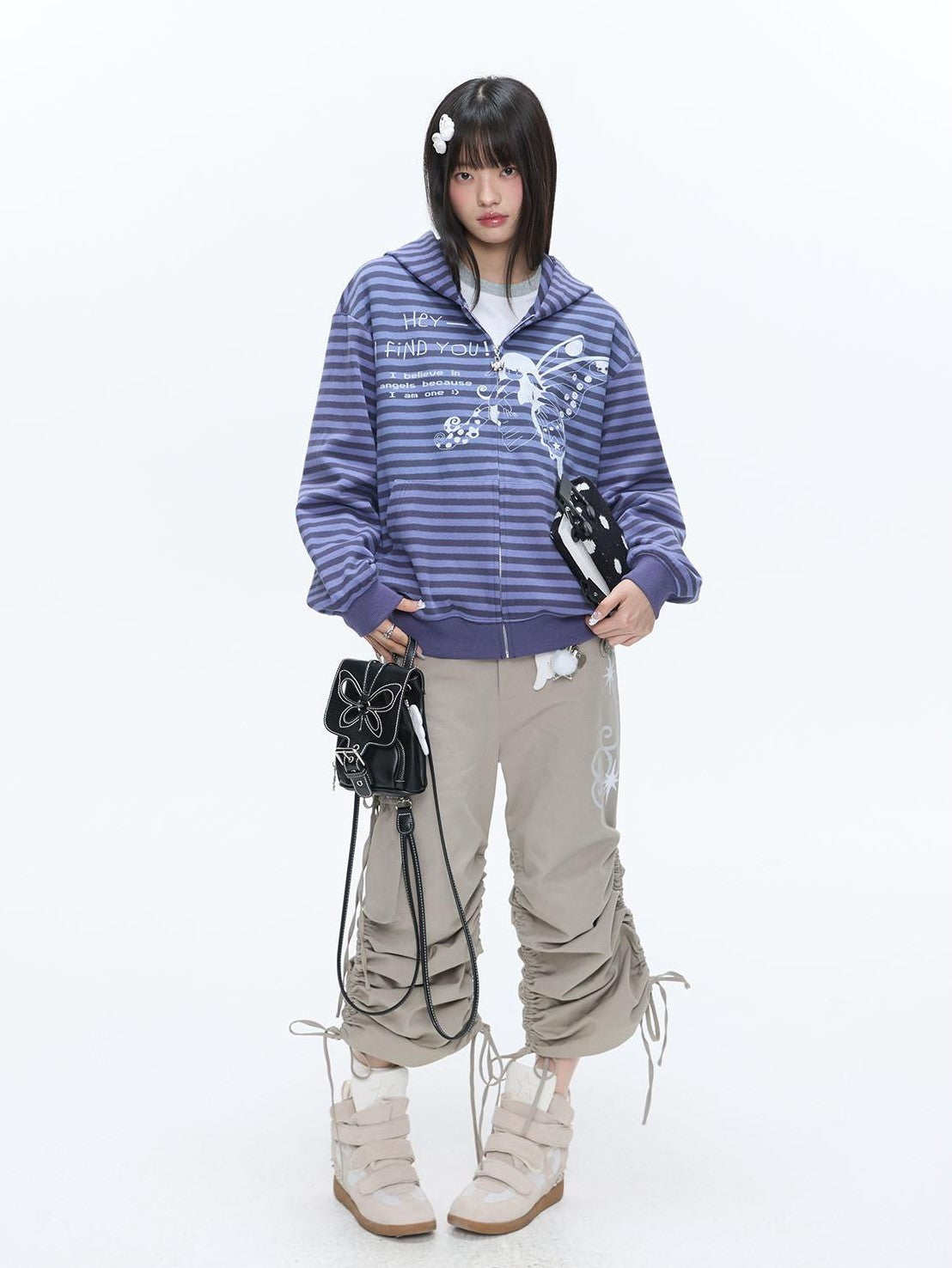 BETWEENAND Vintage Purple Butterfly Striped Oversized Women&