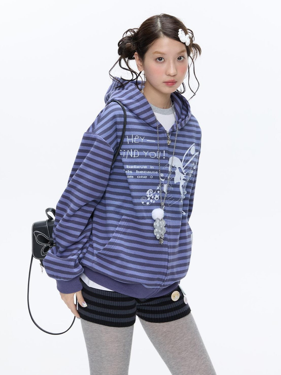 BETWEENAND Vintage Purple Butterfly Striped Oversized Women&