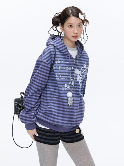 BETWEENAND Vintage Purple Butterfly Striped Oversized Women&