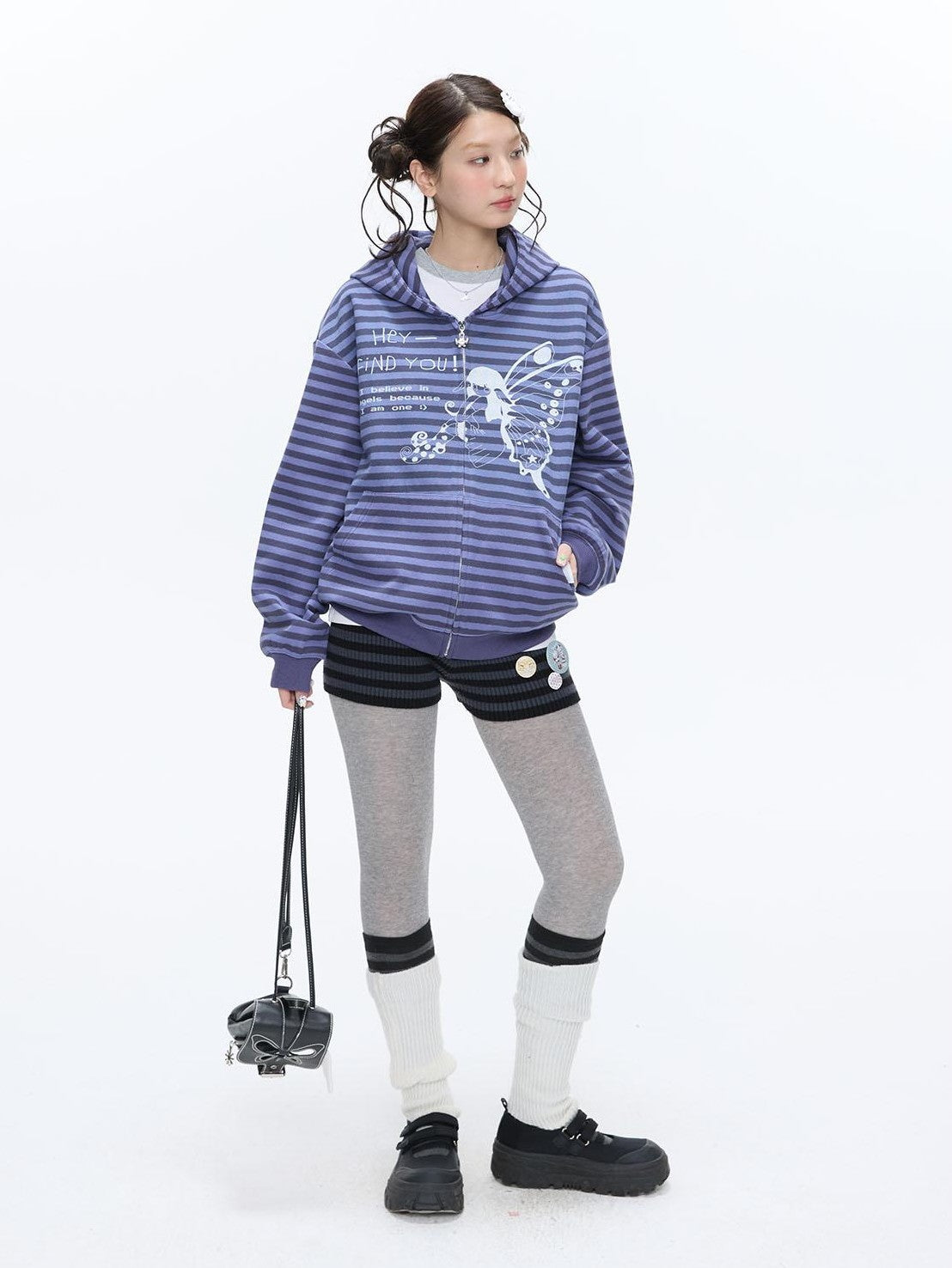 BETWEENAND Vintage Purple Butterfly Striped Oversized Women&