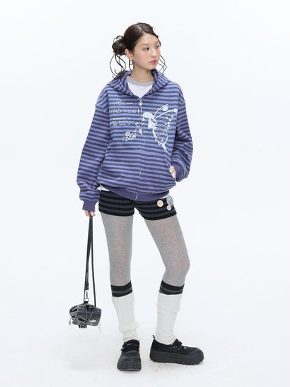 BETWEENAND Vintage Purple Butterfly Striped Oversized Women&