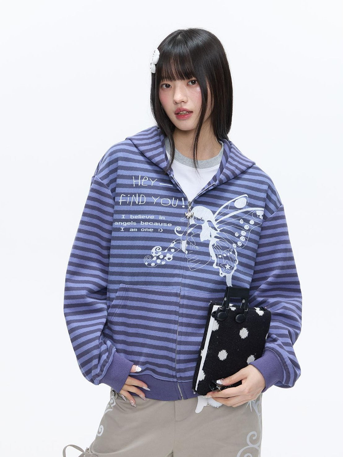 BETWEENAND Vintage Purple Butterfly Striped Oversized Women&
