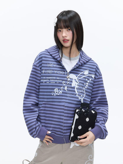 BETWEENAND Vintage Purple Butterfly Striped Oversized Women&