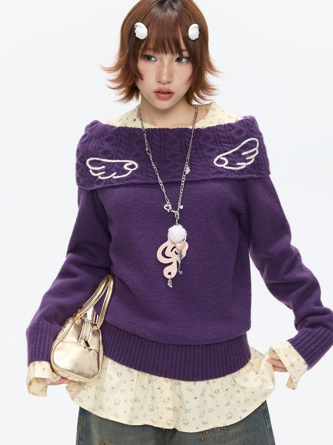 BETWEENAND Vintage Purple Crochet Angel Wing Jacquard Women&