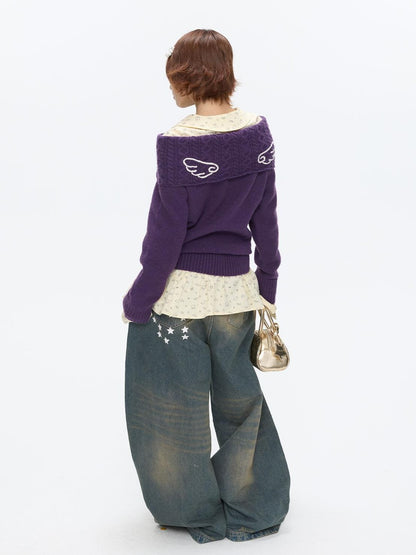 BETWEENAND Vintage Purple Crochet Angel Wing Jacquard Women&