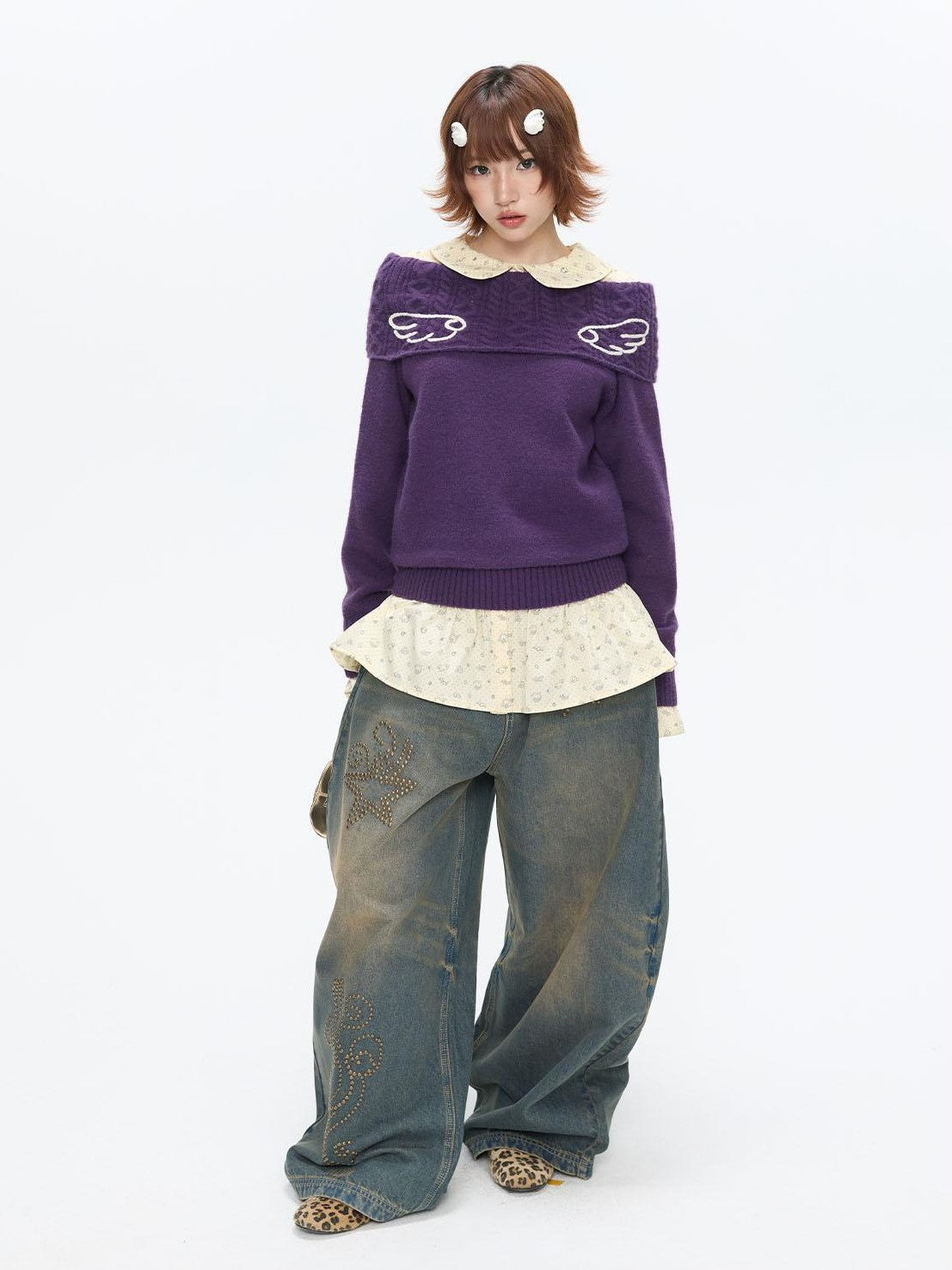 BETWEENAND Vintage Purple Crochet Angel Wing Jacquard Women&