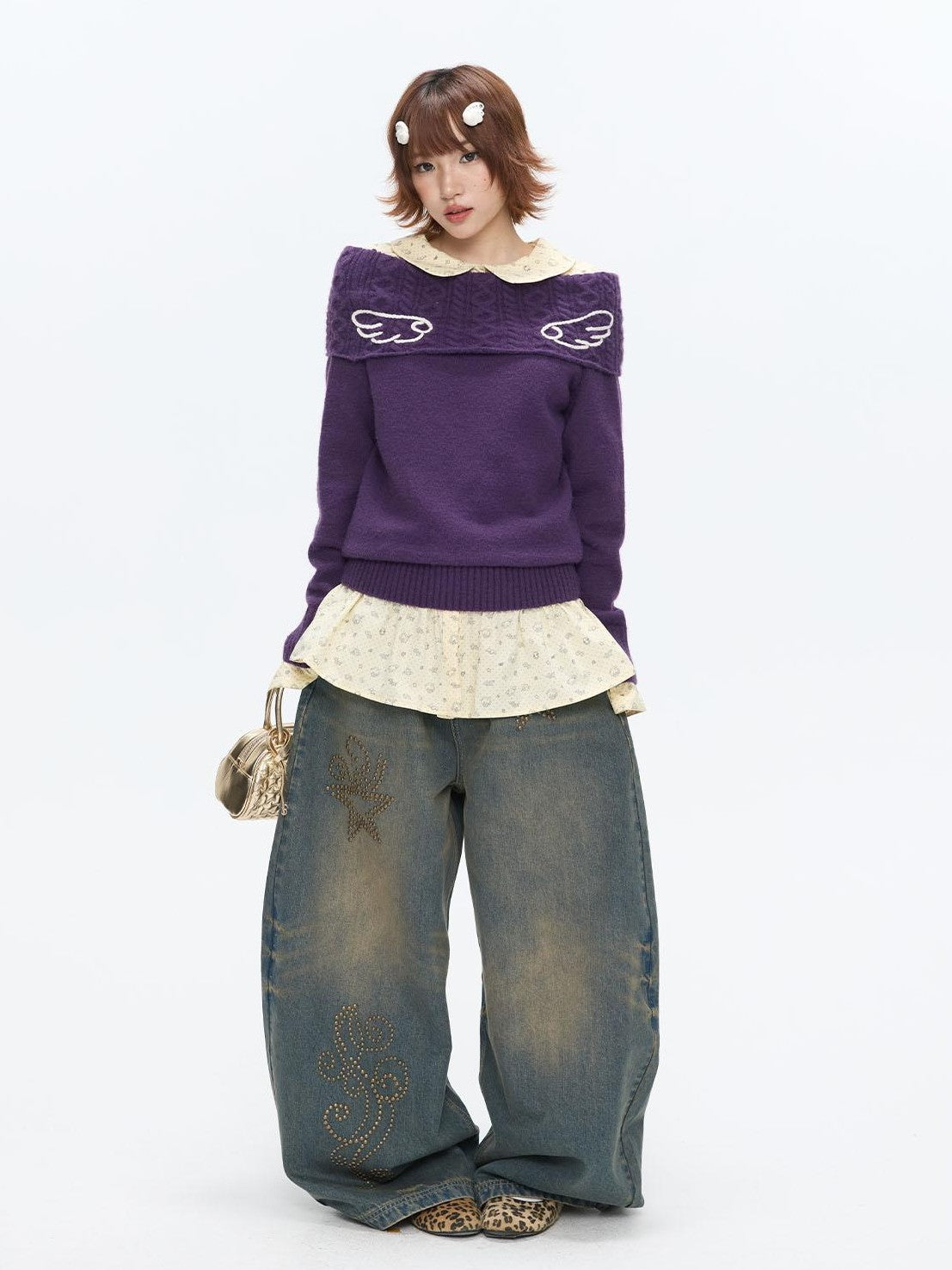 BETWEENAND Vintage Purple Crochet Angel Wing Jacquard Women&