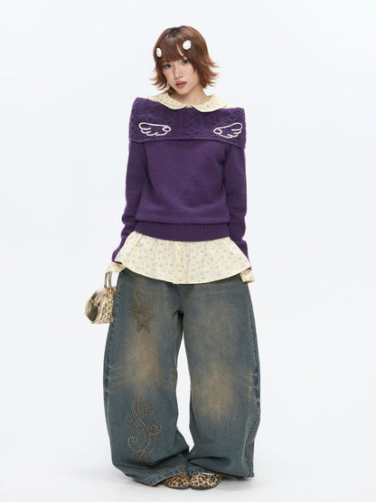 BETWEENAND Vintage Purple Crochet Angel Wing Jacquard Women&
