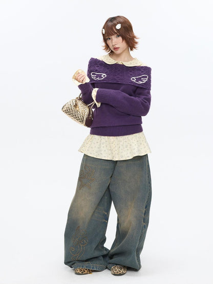 BETWEENAND Vintage Purple Crochet Angel Wing Jacquard Women&