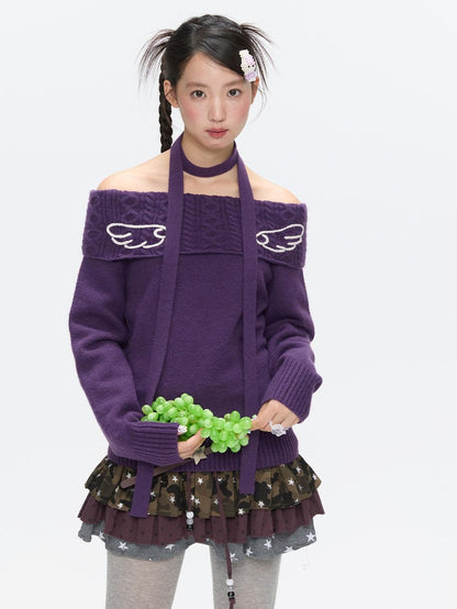 BETWEENAND Vintage Purple Crochet Angel Wing Jacquard Women&