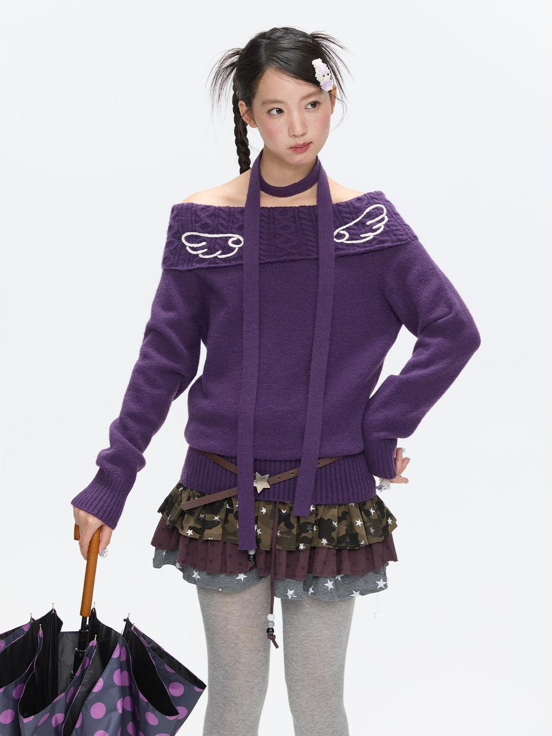 BETWEENAND Vintage Purple Crochet Angel Wing Jacquard Women&