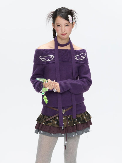 BETWEENAND Vintage Purple Crochet Angel Wing Jacquard Women&
