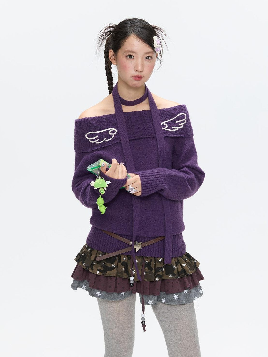 BETWEENAND Vintage Purple Crochet Angel Wing Jacquard Women&