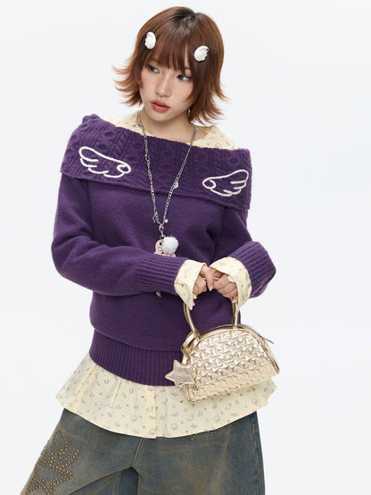 BETWEENAND Vintage Purple Crochet Angel Wing Jacquard Women&