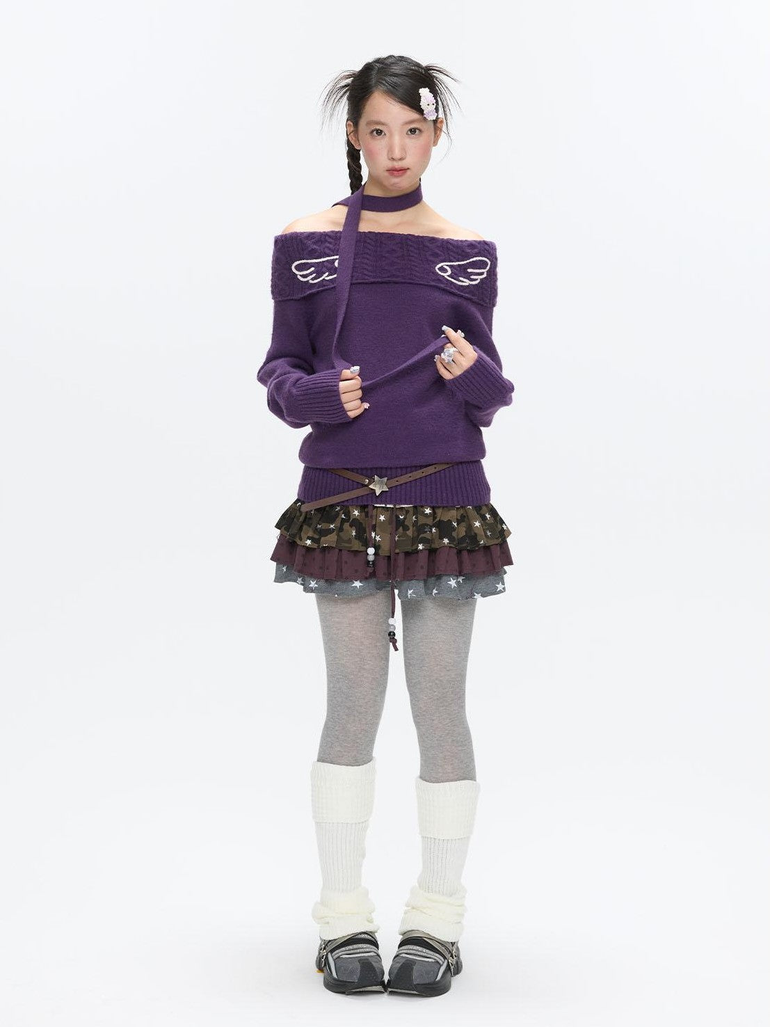 BETWEENAND Vintage Purple Crochet Angel Wing Jacquard Women&