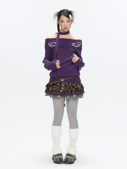 BETWEENAND Vintage Purple Crochet Angel Wing Jacquard Women&