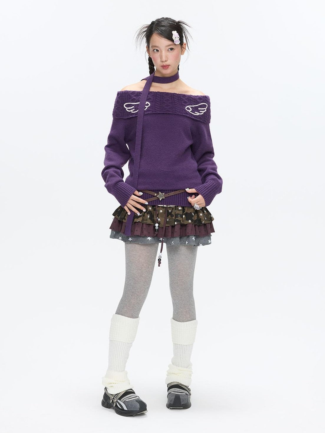 BETWEENAND Vintage Purple Crochet Angel Wing Jacquard Women&