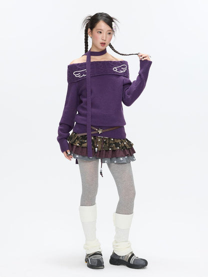 BETWEENAND Vintage Purple Crochet Angel Wing Jacquard Women&