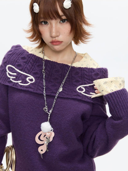 BETWEENAND Vintage Purple Crochet Angel Wing Jacquard Women&