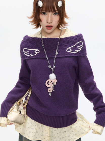 BETWEENAND Vintage Purple Crochet Angel Wing Jacquard Women&