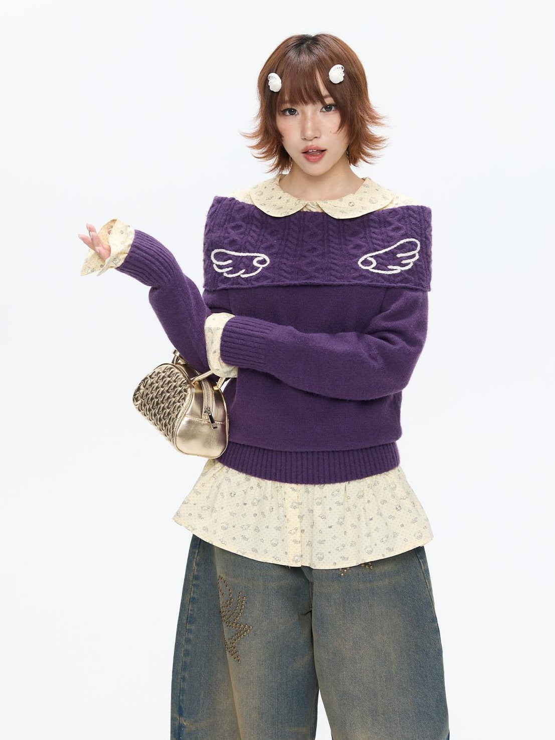 BETWEENAND Vintage Purple Crochet Angel Wing Jacquard Women&