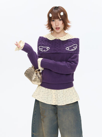 BETWEENAND Vintage Purple Crochet Angel Wing Jacquard Women&