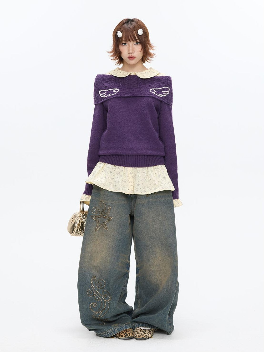 BETWEENAND Vintage Purple Crochet Angel Wing Jacquard Women&