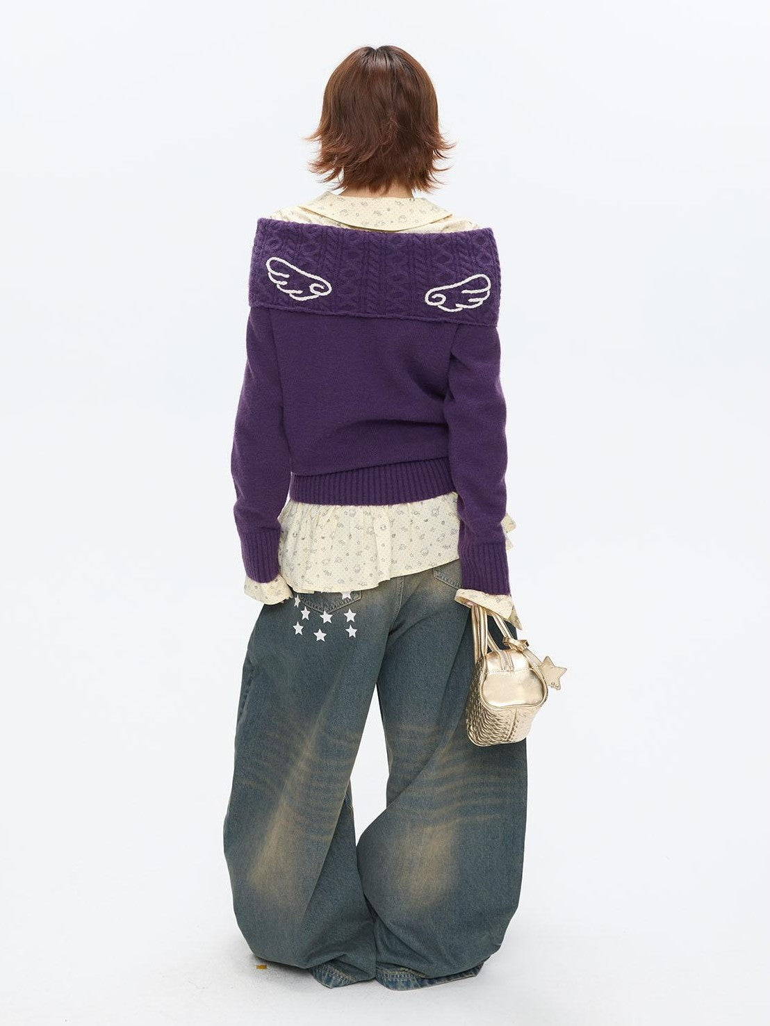 BETWEENAND Vintage Purple Crochet Angel Wing Jacquard Women&