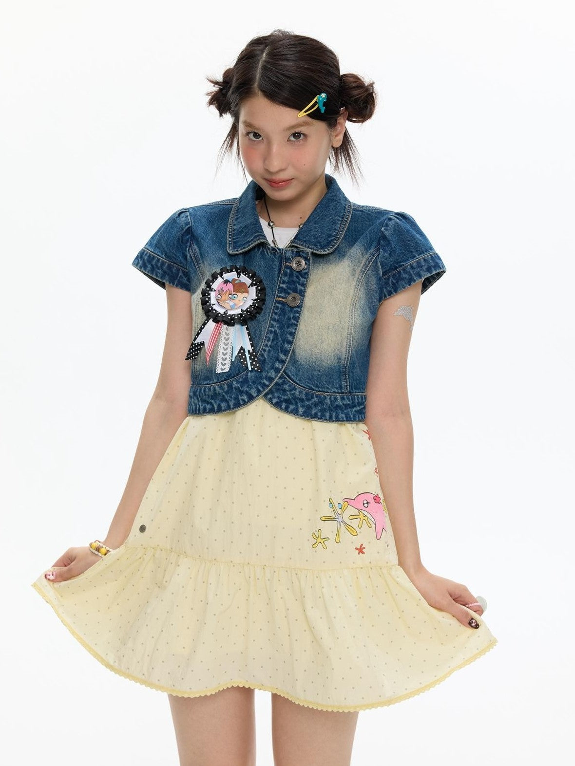 BETWEENAND Vintage Short Sleeve Cropped Lapel Button Women&