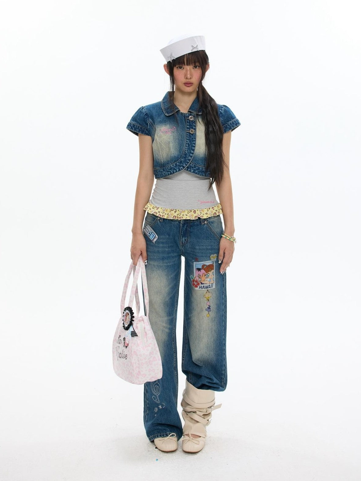BETWEENAND Vintage Short Sleeve Cropped Lapel Button Women&