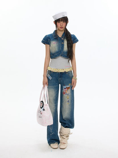 BETWEENAND Vintage Short Sleeve Cropped Lapel Button Women&