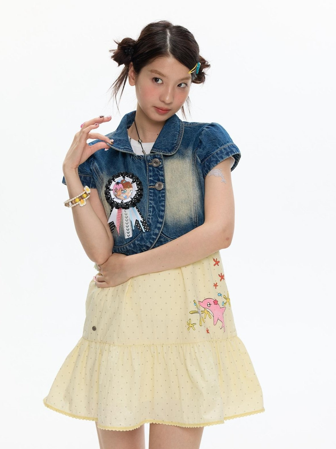 BETWEENAND Vintage Short Sleeve Cropped Lapel Button Women&