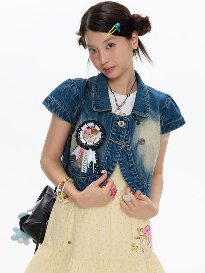 BETWEENAND Vintage Short Sleeve Cropped Lapel Button Women&
