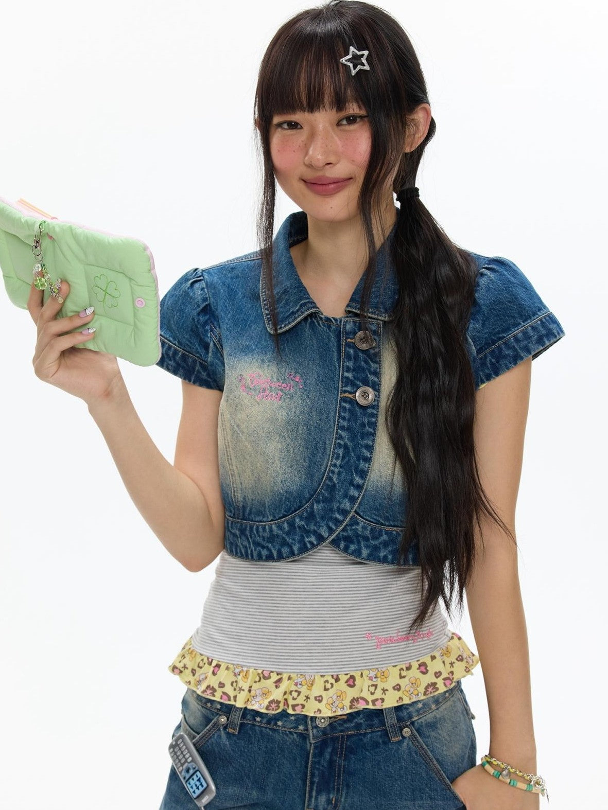 BETWEENAND Vintage Short Sleeve Cropped Lapel Button Women&