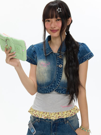 BETWEENAND Vintage Short Sleeve Cropped Lapel Button Women&
