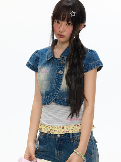 BETWEENAND Vintage Short Sleeve Cropped Lapel Button Women&