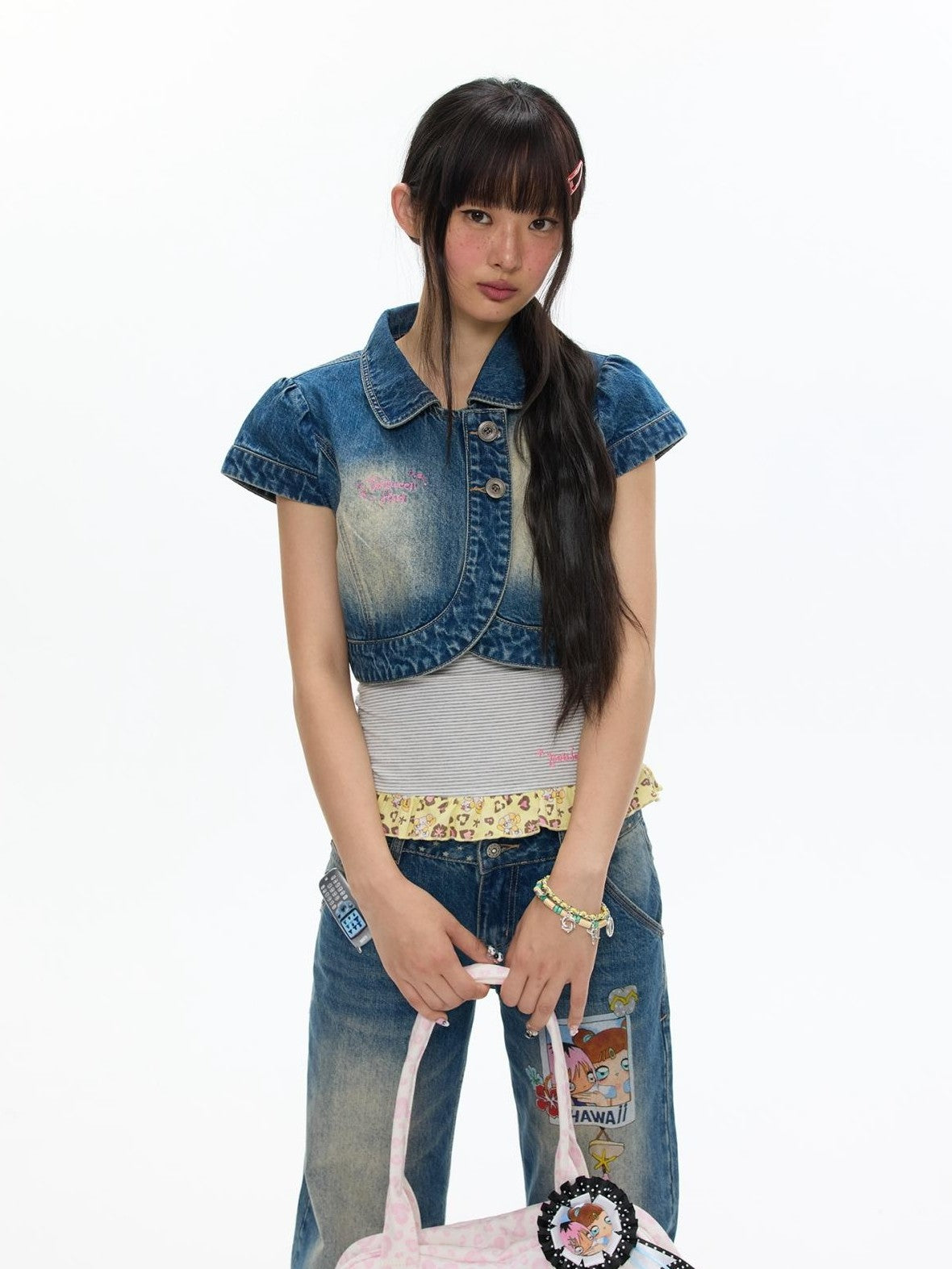 BETWEENAND Vintage Short Sleeve Cropped Lapel Button Women&