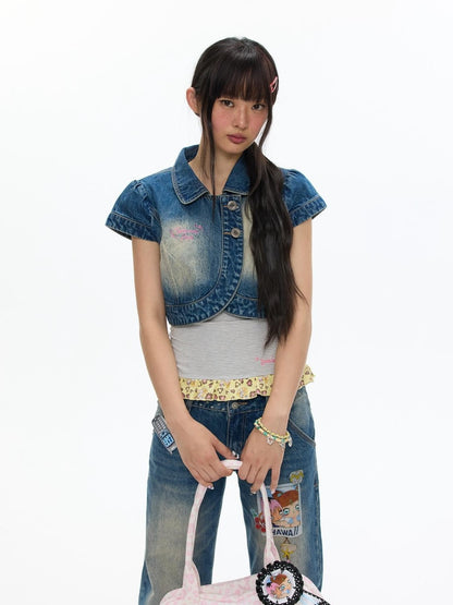 BETWEENAND Vintage Short Sleeve Cropped Lapel Button Women&