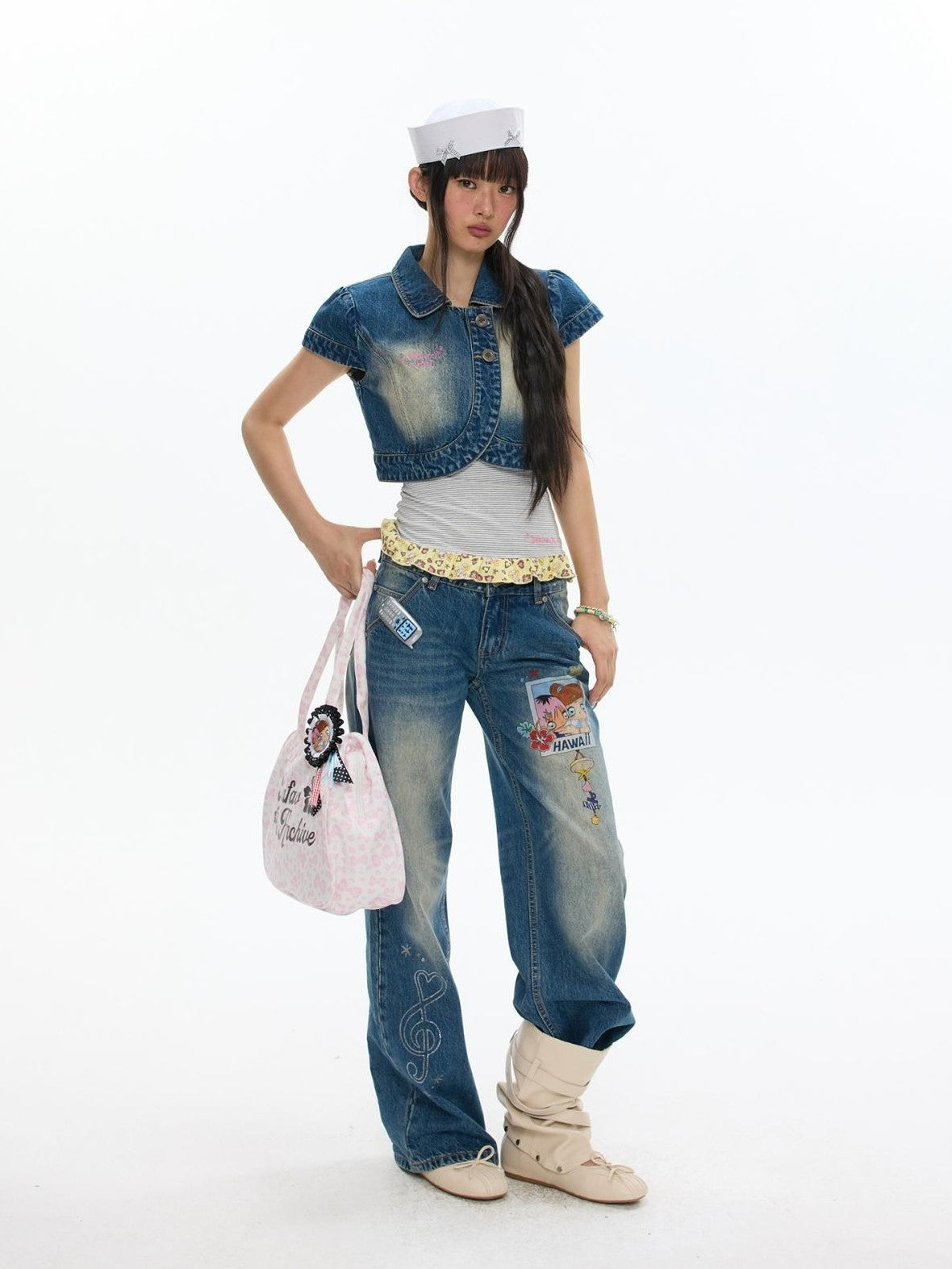 BETWEENAND Vintage Short Sleeve Cropped Lapel Button Women&