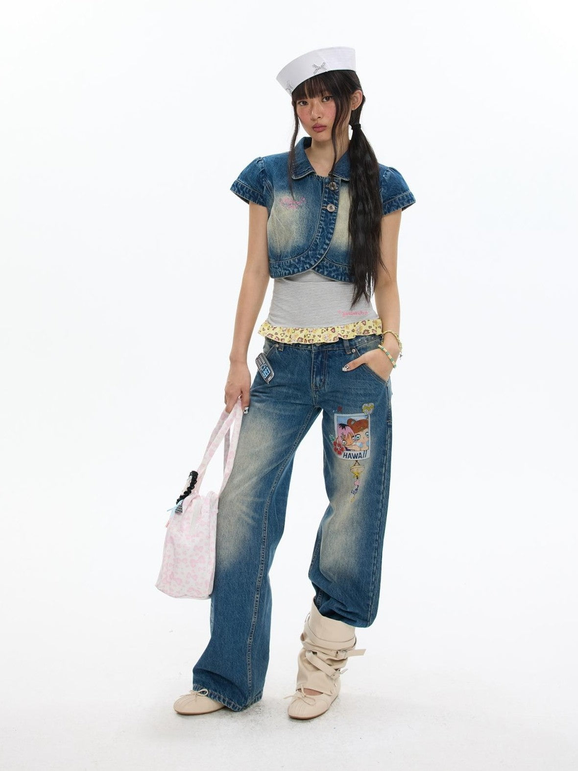 BETWEENAND Vintage Short Sleeve Cropped Lapel Button Women&
