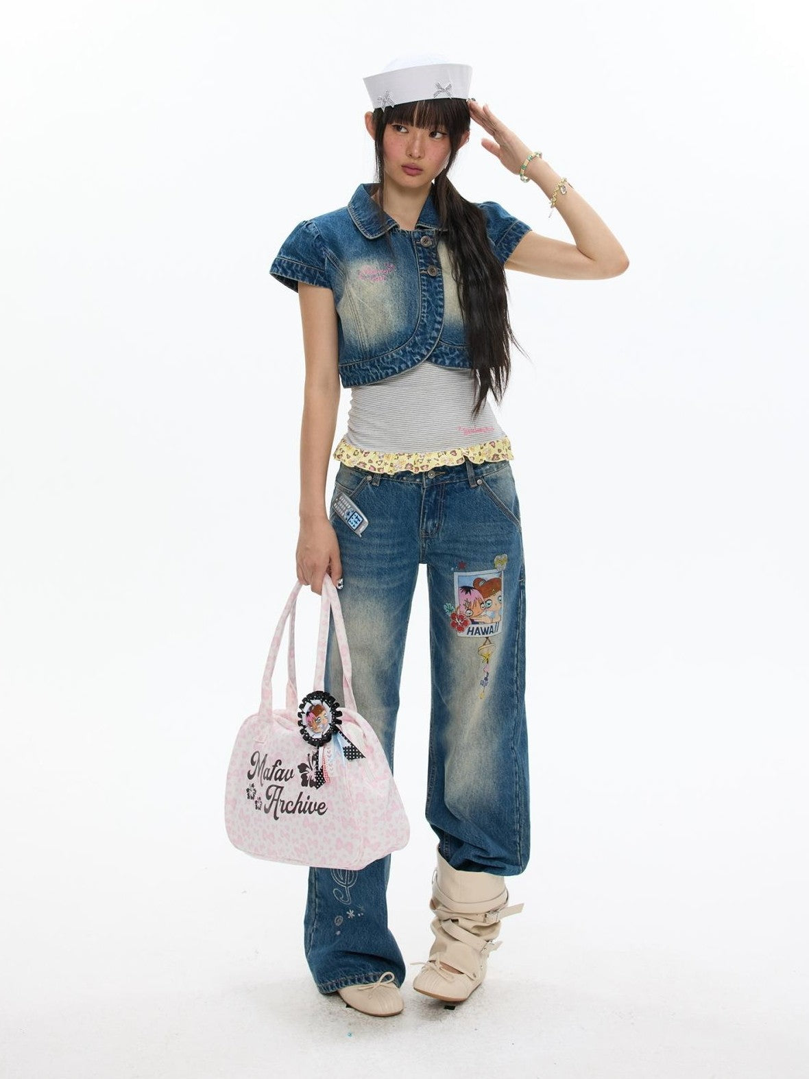 BETWEENAND Vintage Short Sleeve Cropped Lapel Button Women&