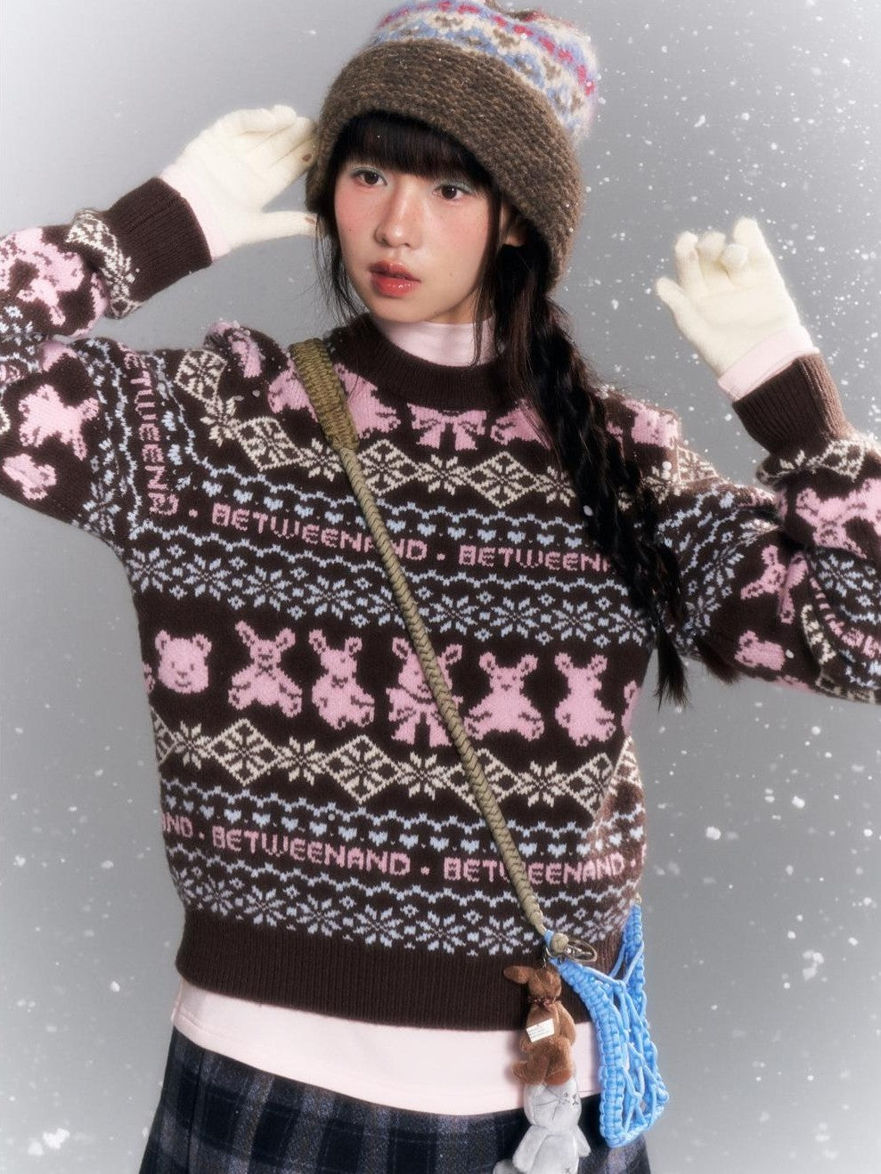 BETWEENAND Vintage Two Tone Nordic Chunky Knit Women&