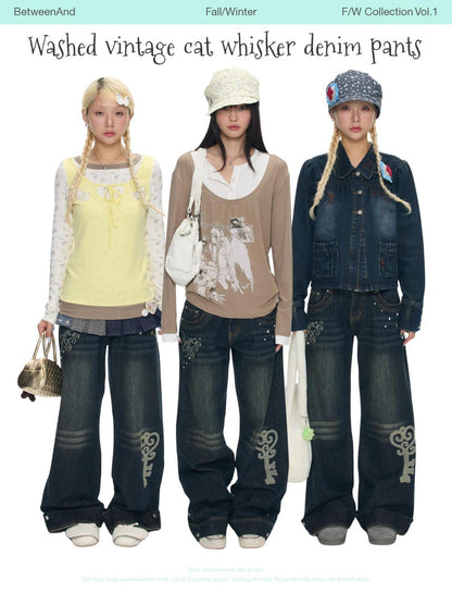 BETWEENAND Vintage Washed Whisker Slimming Casual Women&