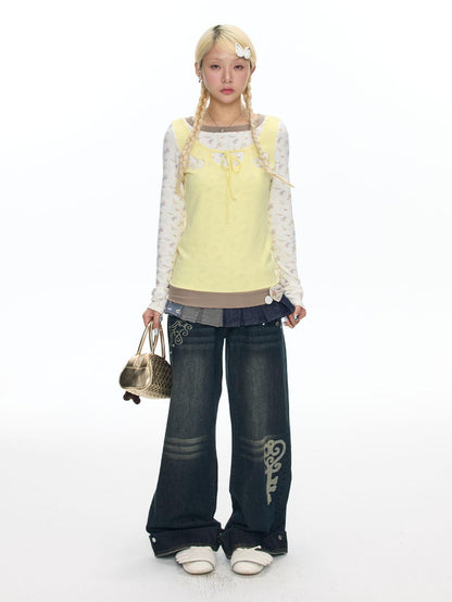 BETWEENAND Vintage Washed Whisker Slimming Casual Women&