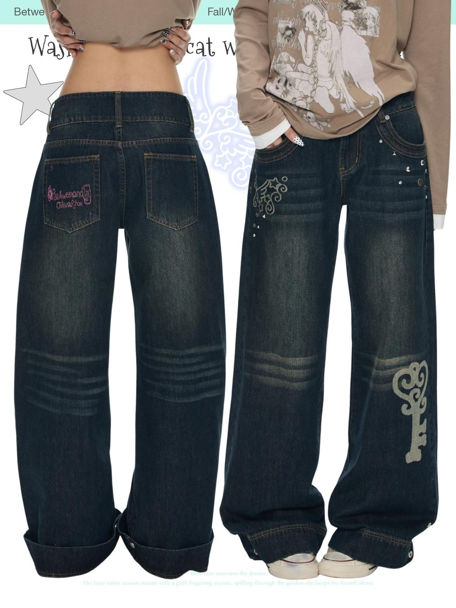 BETWEENAND Vintage Washed Whisker Slimming Casual Women&