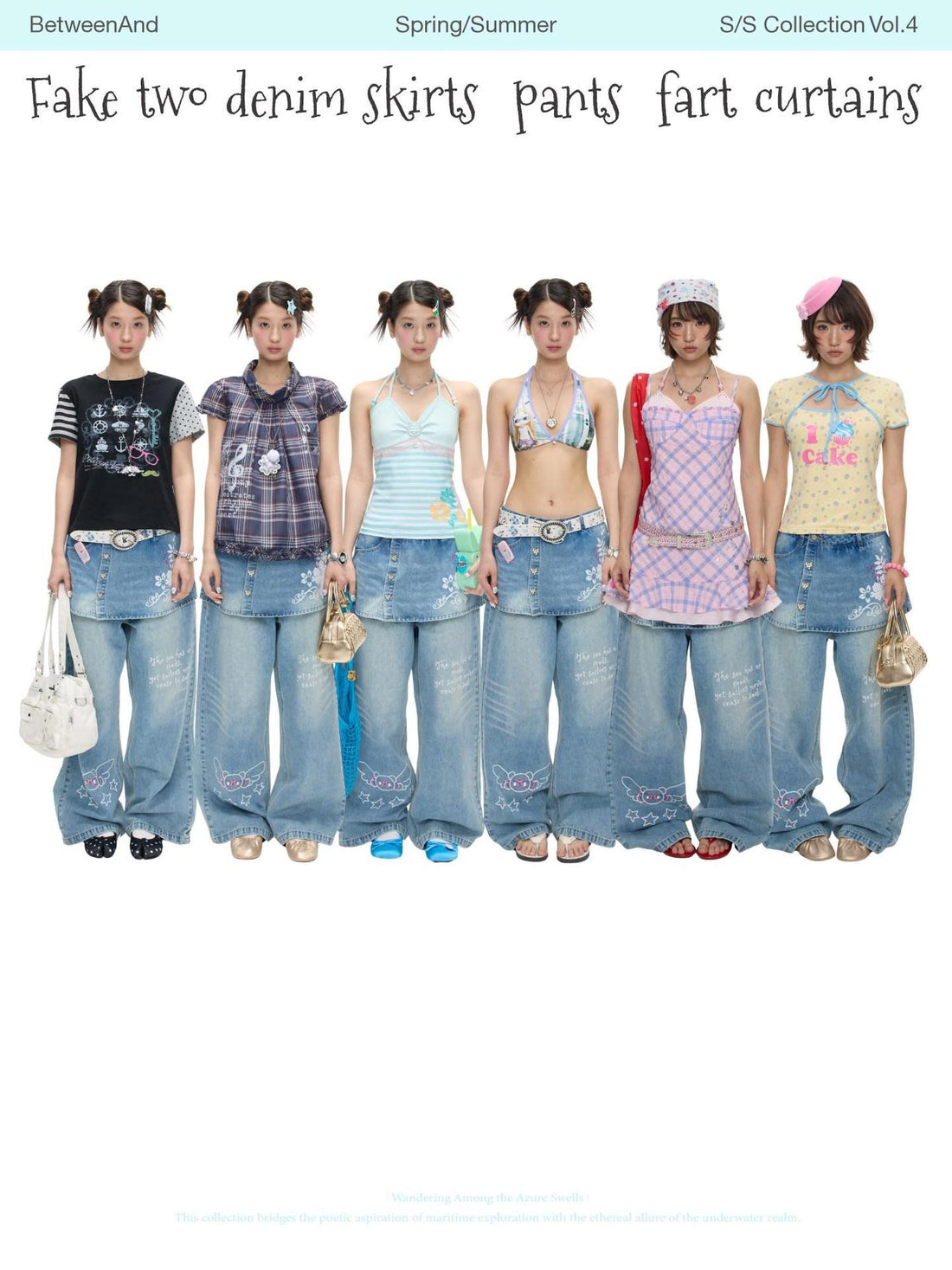 BETWEENAND Washed Blue Denim Printed Faux Two Piece Women&